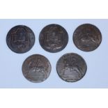 Five 18th Century Copper Halfpenny Provincial Tokens, All Norwich, Norfolk, 2x various 'John Harvey'