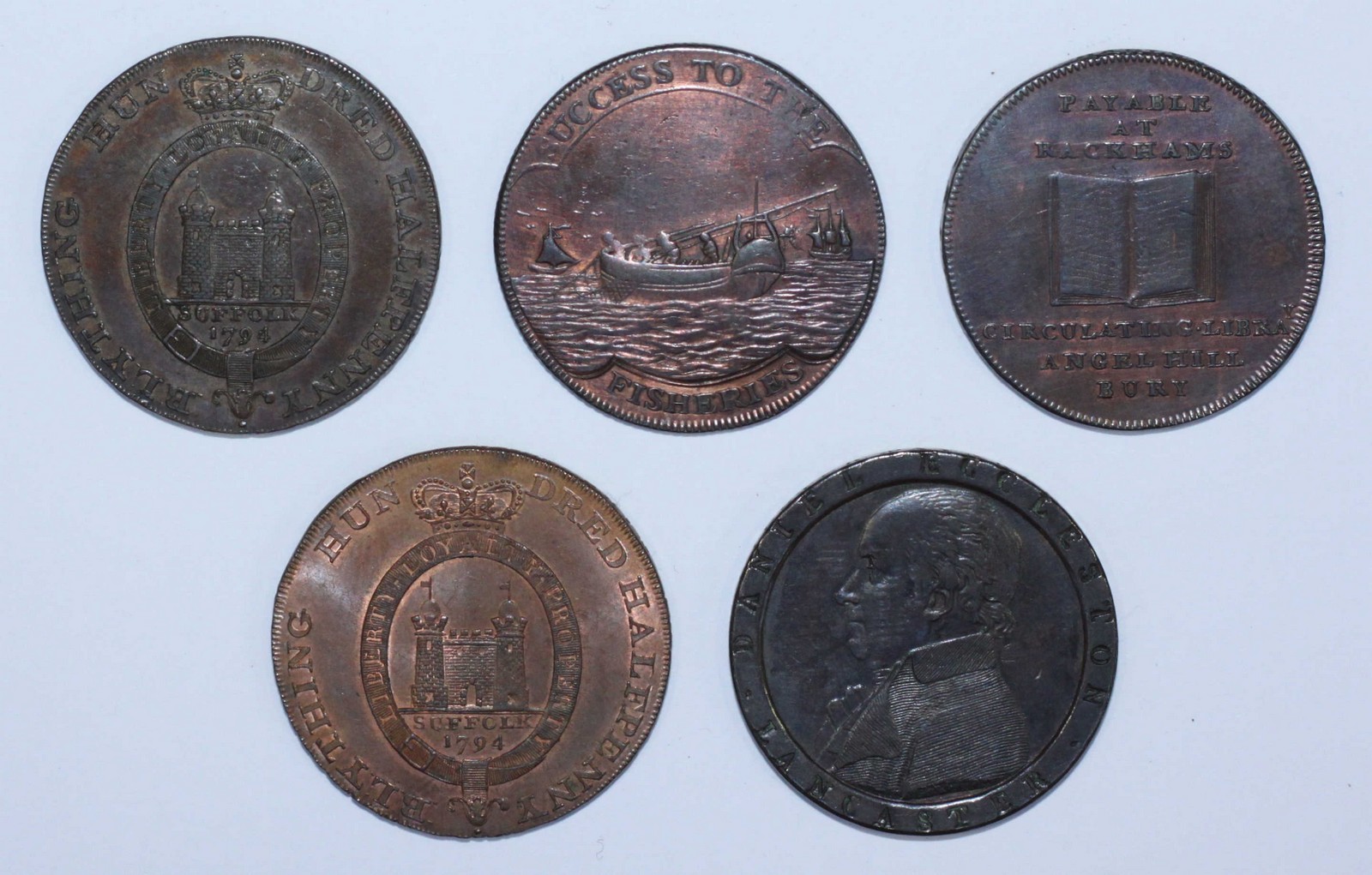 Five 18th Century Copper Halfpenny Provincial Tokens including 4x Suffolk: Blything 'Loyal Suffolk - Bild 2 aus 2