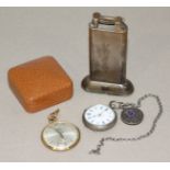 A silver open faced pocket watch and charm, together with a silver-plated Dunhill table lighter