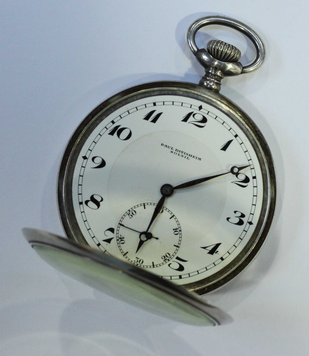 A silver open-faced pocket watch by 'Paul Ditisheim Solvil.' The white dial with Arabic numerals - Image 2 of 3
