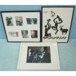 A framed montage of David Bowie photographs and a framed monochrome photograph of Satchmo,
