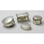 A silver trinket box with scrolled edge decoration on four splayed feet, T.H. Hazlewood & Co,