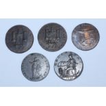 Five 18th Century Copper Halfpenny Provincial Tokens, All Norwich, Norfolk, "Nathaniel Bolingbrokes'