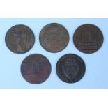 Five 18th Century Copper Halfpenny Provincial Tokens (All Essex): Braintree & Bocking 'W.