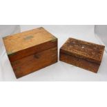 A brass bound burr walnut veneered trinket/jewellery box, the top opening to reveal a fitted