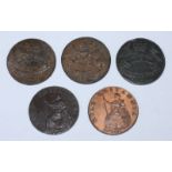 Five 18th Century Copper Halfpenny Provincial Tokens, All Emsworth, Hampshire: 'Earl Howe/ King