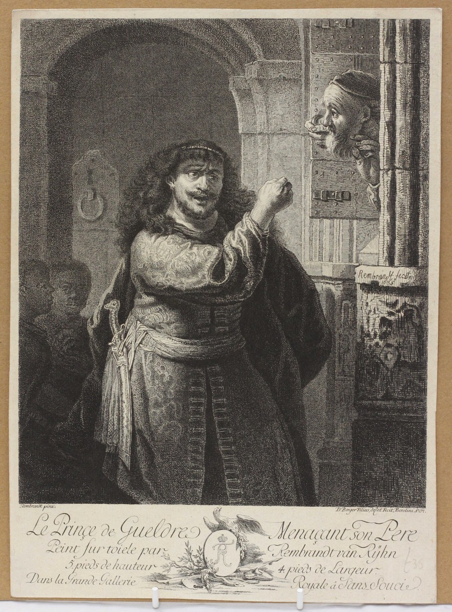 After Rembrandt Harmensz van Rijn (1606-1669) 'Le Prinçe de Gueldre menaçant son pere' unframed