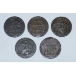 Five 18th Century Copper Halfpenny Provincial Tokens including 3x Camarthenshire "Ironworks and