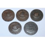 Five 18th Century Copper Halfpenny Tokens, comprising Four (4x) Newport, IOW, Hampshire 'Robert Bird