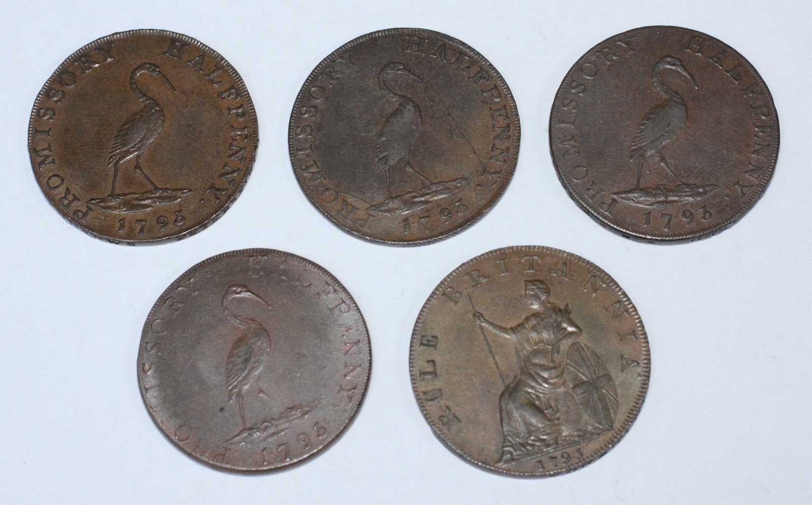 Five 18th Century Copper Halfpenny Provincial Tokens, All Petersfield, Hampshire: four (4x) 'Mounted