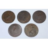 Five 18th Century Copper Halfpenny Provincial Tokens, All Petersfield, Hampshire: four (4x) 'Mounted