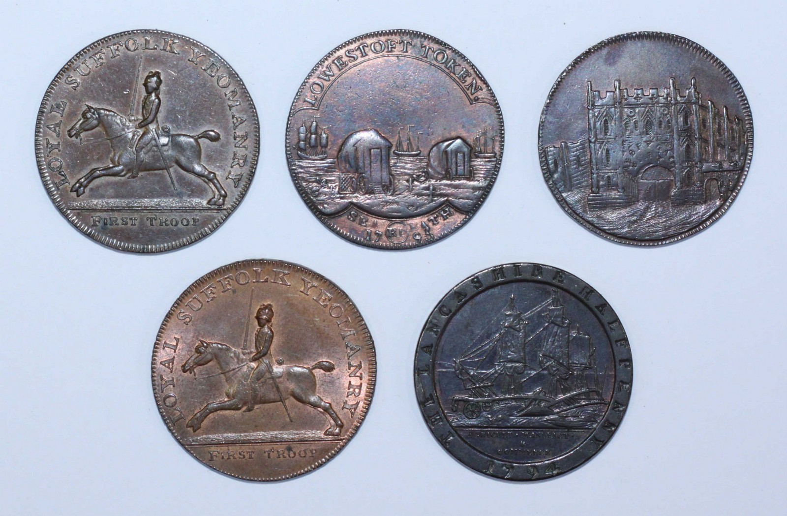 Five 18th Century Copper Halfpenny Provincial Tokens including 4x Suffolk: Blything 'Loyal Suffolk