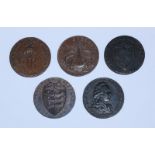 Five 18th Century Copper Halfpenny Provincial Tokens, All Kent: Brookland 'Kentish Horse- Fleece