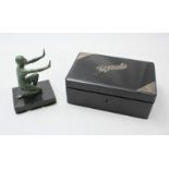 A patinated Art Deco female figural bookend, together with a silver mounted jewellery box (AF)
