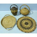 Two trays and two pots with covers, hand-woven by natives of New Guinea using a process known as '