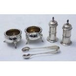 A pair of silver open salts by Atkin brothers, hallmarked Sheffield 1906, together with a pair of