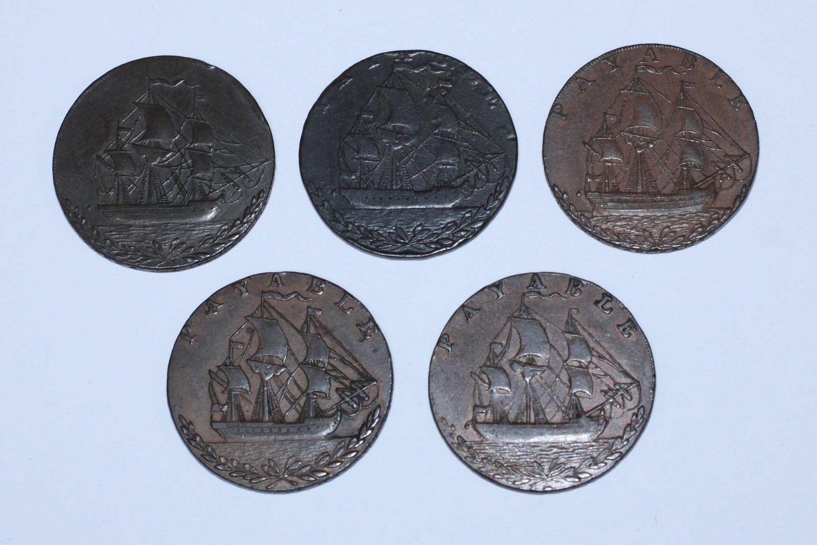Five 18th Century Copper Halfpenny Provincial Tokens, Portsea, Hampshire, 'George Sargeant's,