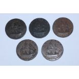 Five 18th Century Copper Halfpenny Provincial Tokens, Portsea, Hampshire, 'George Sargeant's,