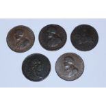 Five 18th Century Copper Halfpenny Provincial Tokens, Portsmouth & Chichester, Hampshire, John