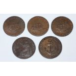Five 18th Century Copper Halfpenny Provincial Tokens, All Emsworth, Hampshire: 'Earl Howe/ Wooden