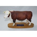 Beswick Connoisseur Hereford Bull model No. A2542A, brown and white satin matt, on wooden plinth