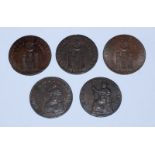 Five 18th Century Copper Halfpenny Provincial Tokens, three Portsmouth & Chichester, Hampshire: John