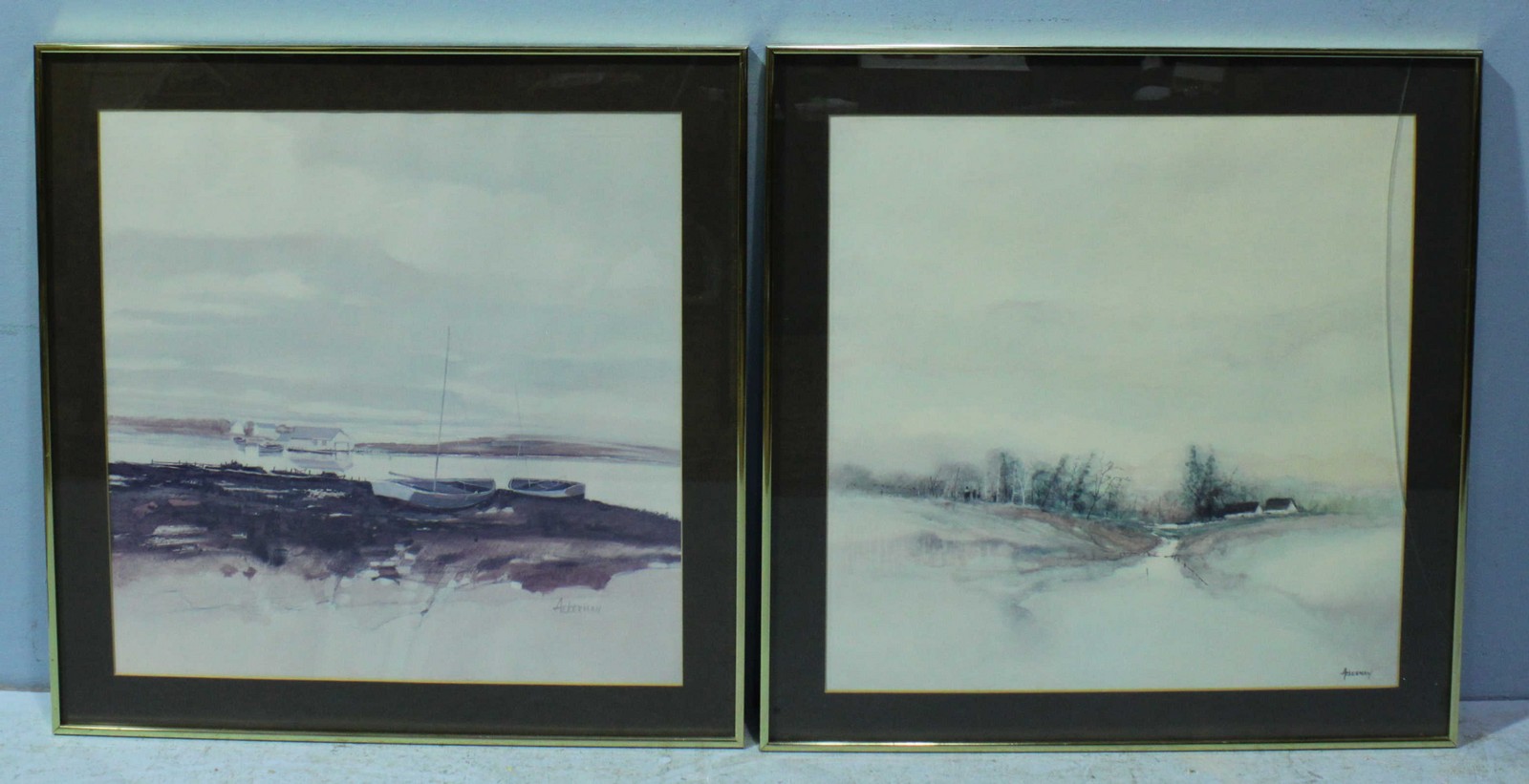 A pair of prints by Ackerman, ' Autumn Boats' and 'The Stream', both mounted, glazed and framed (one