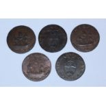 Five 18th Century Copper Halfpenny Provincial Tokens, All Portsea, Hampshire, 'George Sargeants'