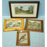 Four various tapestry pictures, one depicting a country landscape scene with ducks on a pond etc.