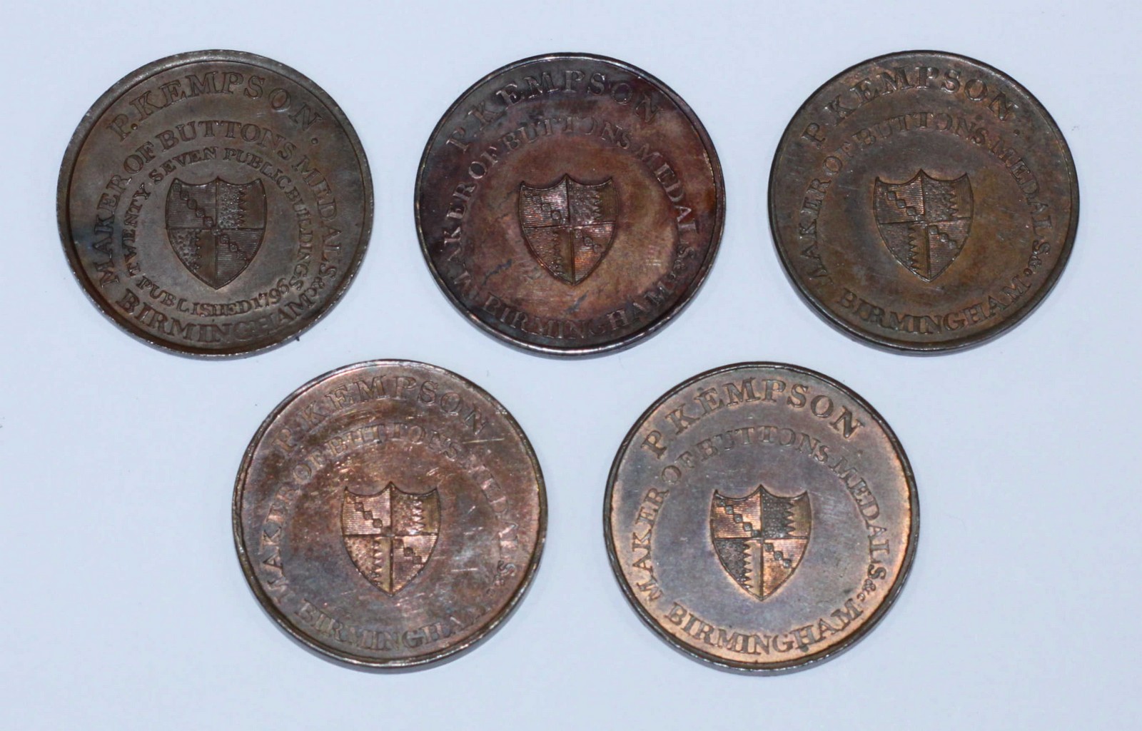Five 18th Century Copper Halfpenny Provincial Tokens (All Birmingham, Warwickshire, P. Kempson): '
