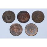 Five 18th Century Copper Halfpenny Provincial Tokens (All Birmingham, Warwickshire, P. Kempson): '