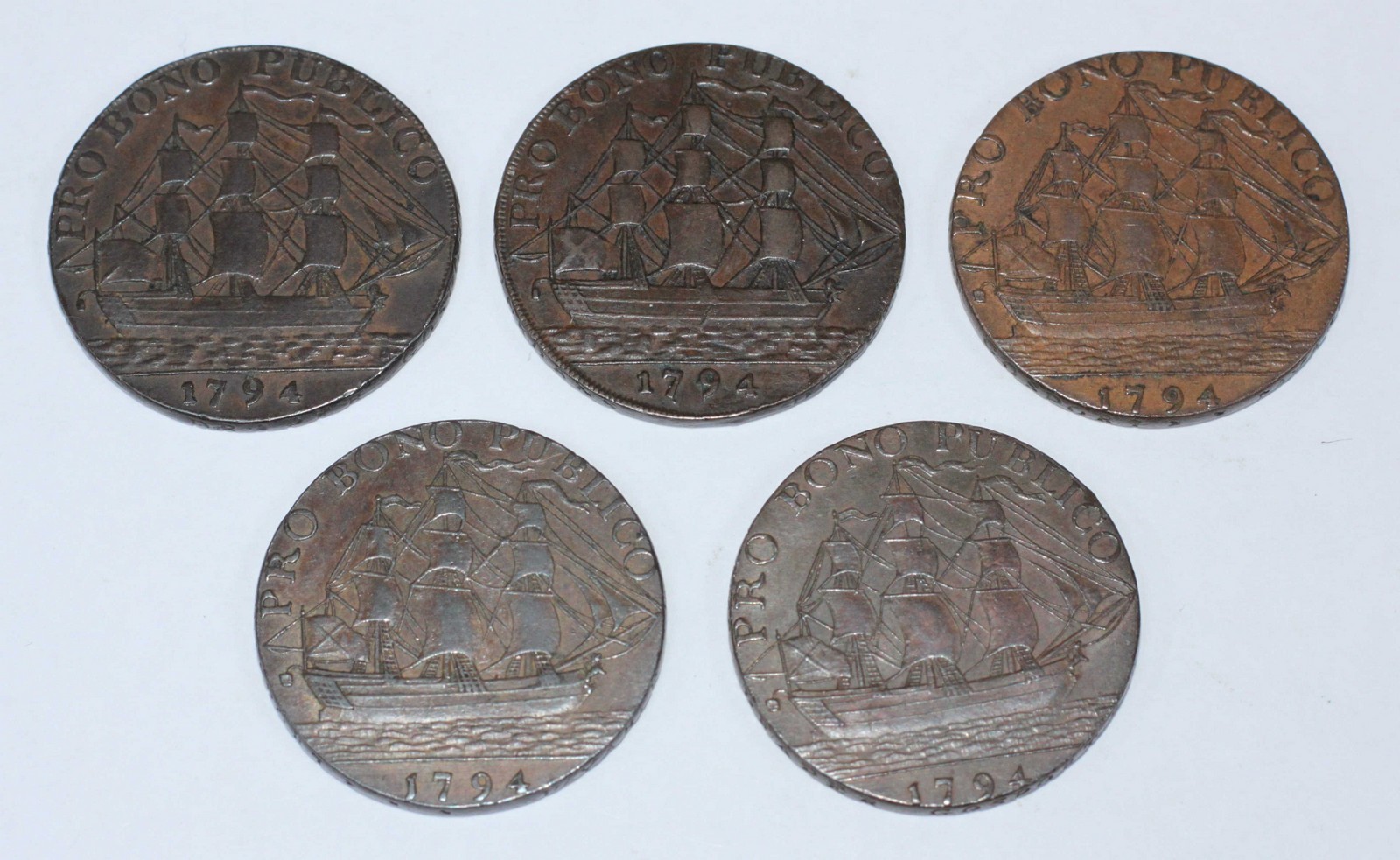 Five 18th Century Copper Halfpenny Provincial Tokens, Gosport Hampshire, 'Helmeted Bust of Bevois-