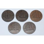 Five 18th Century Copper Halfpenny Provincial Tokens, Gosport Hampshire, 'Helmeted Bust of Bevois-