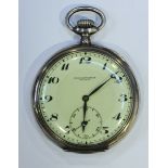 A silver open-faced pocket watch by 'Paul Ditisheim Solvil.' The white dial with Arabic numerals