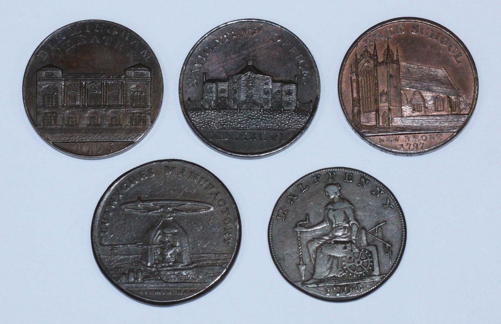 Five 18th Century Copper Halfpenny Provincial Tokens (All Warwickshire): Birmingham, P. Kempson, "