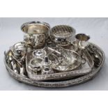 A quantity of assorted silver-plated items including a galleried oval tray, an ice bucket, salts,