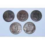 Five 18th Century Copper Halfpenny Provincial Tokens, All Kent, Sandwich 'Ancient Sloop' N.D., D&H