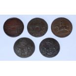 Five 18th Century Copper Halfpenny Provincial Tokens including 1x Bath, Somerset: 'Interior of New