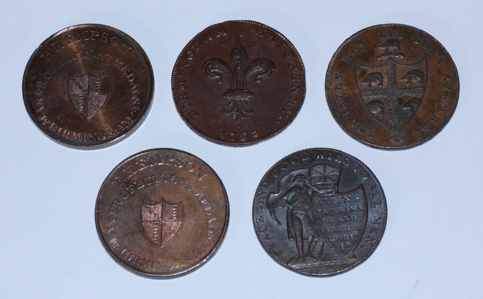 Five 18th Century Copper Halfpenny Provincial Tokens (All Birmingham, Warwickshire): 'P. Kempson, - Bild 2 aus 2