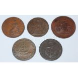 Five 18th Century Copper Halfpenny Provincial Tokens, All Emsworth, Hampshire: 'Earl Howe &