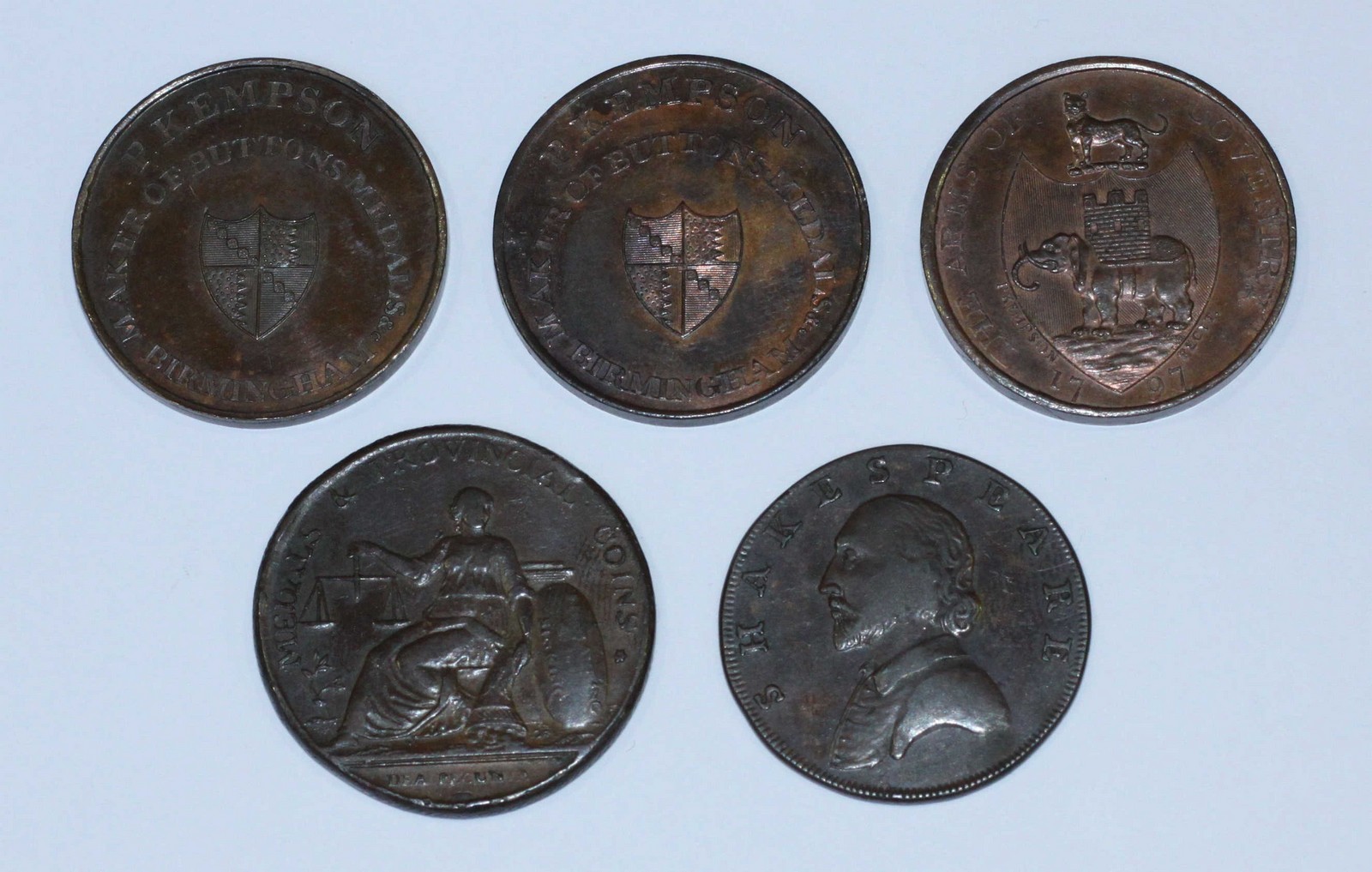 Five 18th Century Copper Halfpenny Provincial Tokens (All Warwickshire): Birmingham, P. Kempson, " - Bild 2 aus 2