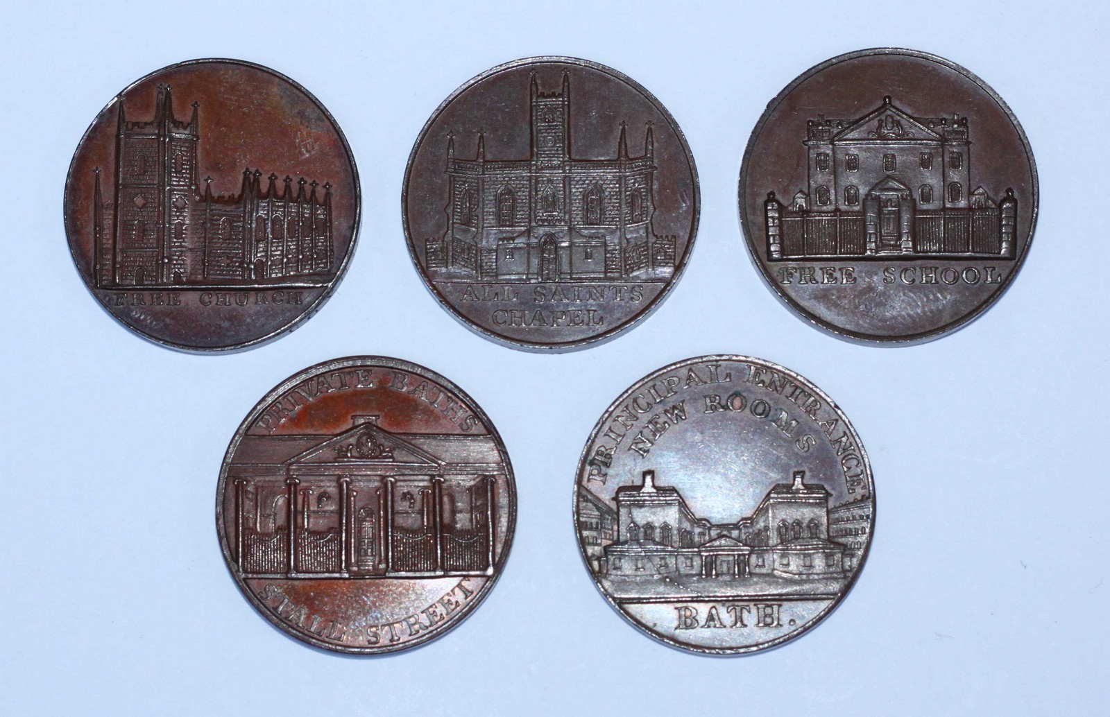 Five 18th Century Copper Halfpenny Provincial Tokens (All Bath, Somerset): All P. Kempson and N.