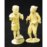 A Japanese Meiji Period Carved Ivory Okimono figure of a gardener holding a bird in left hand and