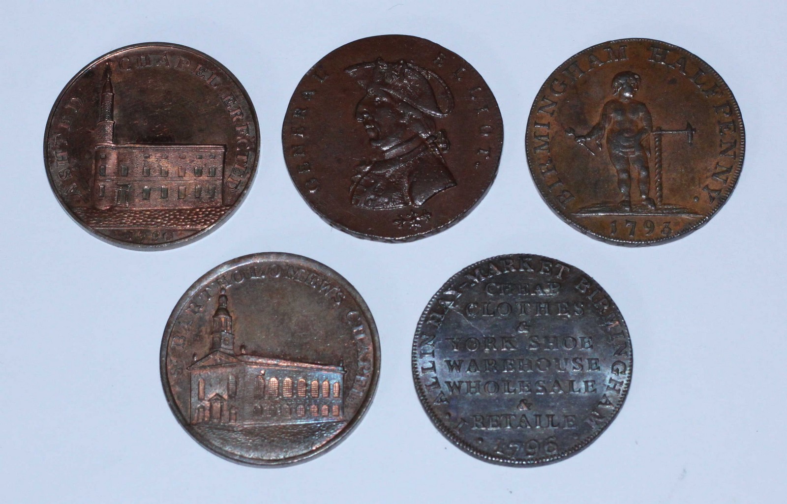 Five 18th Century Copper Halfpenny Provincial Tokens (All Birmingham, Warwickshire): 'P. Kempson,