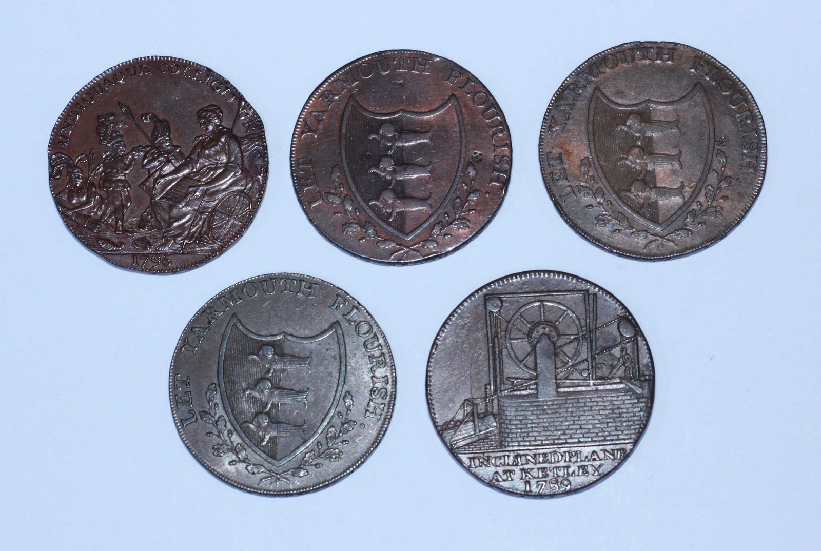 Five 18th Century Copper Halfpenny Provincial Tokens including 4x Yarmouth, Norfolk: 'Boulters