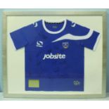 A Signed and framed Portsmouth FC home shirt presented to the Shepherds Crook public house as the