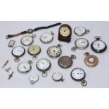 Fifteen assorted pocket watches including three silver-cased examples and a silver-plated open-