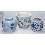 Two large various Chinese blue and white ginger jars, one lacking cover, approximately 25cm high,