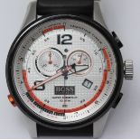 A Gent's stainless steel Hugo Boss wristwatch with black rubber strap. Two sub-dials and date