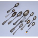 Eleven various 19th century and later spoons and forks including a pair of fiddle-pattern dessert